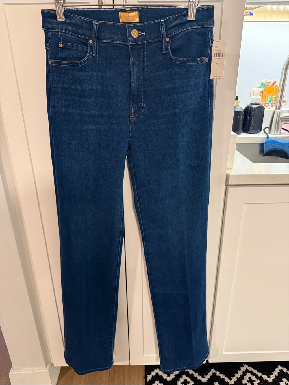 MOTHER Women's Straight Jeans in Dark Blue Wash in the kick it